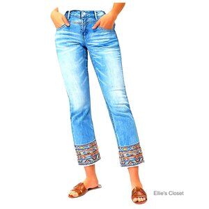 Straight Leg Cropped Jeans Mid Rise Stretchy Tribal Embroidery Raw Hem